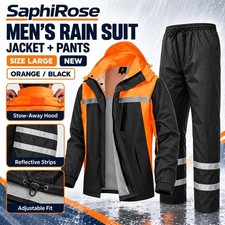 Rain Suit Large Orange Black Reflective Jacket Pants Set NEW Saphirose picture