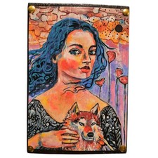 Dana Primrose Bloede Original Mixed Media Art Woman & Wolf Wood Plaque Signed... picture