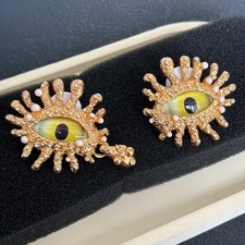 Schiaparelli Antique Golden Yellow Eye Rhinestone Pearl Earrings picture