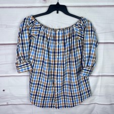 KMJ Kate McHale Jensen Top Womens M Blue Orange Plaid Shirt Off The Shoulder picture