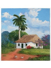 Signed Original Tropical Cottage Landscape Painting Palm Trees Folk Art  “8x10” picture