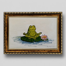 Original Frog Oil Painting Meditating Frog Lotus Pond Framed Artwork Wall Decor picture