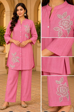 Handmade Women’s Pink Cotton Salwar Kameez Set Kurta Pants, 44, MPN 67-23689-44  picture