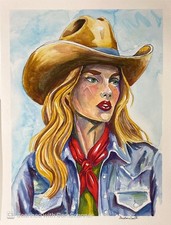 Western Cowgirl Portrait Original Watercolor Painting 14X11 Signed Paper Art picture