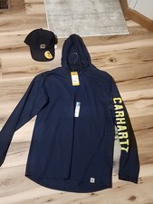 Carharrt Force Relaxed Fit Hooded Long Sleeve Navy Shirt Size Medium With Hat picture