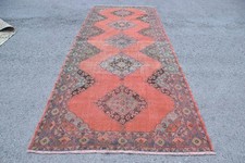 Vintage Runner Rug 4,8x12,6 ft, Red Blue Bordered Rug Wool picture