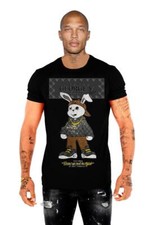 Avenue George V Men's Short Sleeves Black T-shirt Rhinestone Gold/Silver Rabbit picture
