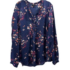 Torrid Women's Top Size 1X Blue Pink Floral Popover Pleated Pintuck Long Sleeves picture
