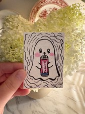 Original ACEO Cute Ghost with Pink Energy Drink – Alani Hand Drawn Mini Art Card picture