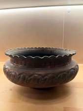 Antique Middle Eastern Copper Bowl Scalloped Rim Engraved Repousse Foliate Ba picture