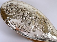Antique 1904 William Neale Art Nouveau PANSY Sterling Silver Repousse Hair Brush picture