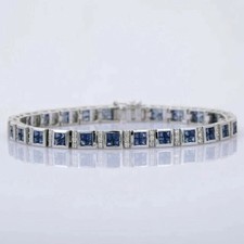 7.10Ct Princess Lab-Created Sapphire Men's Tennis Bracelet 14K White Gold Plated picture