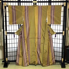 Unused  Japanese Tsumugi Silk Kimono – Striped Komon, Lined (Awase), Yellow Tone picture