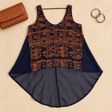 LUSH Women's M Navy Rust Sheer High Low Tunic Tank Boho Festival Artsy picture