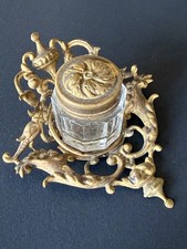 Antique Victorian Rococo Brass Desk Inkwell w/ Original Glass Insert c.1880-1900 picture