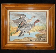 Vintage Original Mallard Ducks in Flight Painting Framed Wildlife Art Signed-LRG picture