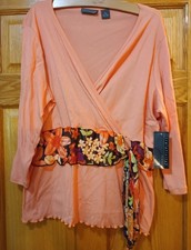 NWT Relativity Plus Size 2X Blouse Peach Long Sleeve Wrap Tunic Floral Belt 100% picture