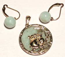 Vintage 14k Genua Gold & Green Jade Koala Bear Pendant & Earrings Set 7.5g 22mm picture