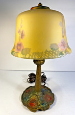 Antique Cast Iron Rose Brothers Reverse Painted Flowers Boudoir Lamp Unmarked picture
