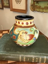 Vintage Hand-Painted Japanese Gouda-style art pottery vase bird & floral motif picture