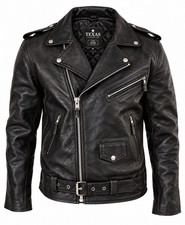 Men's Motorcycle Leather Jacket Genuine Buffalo Skin Brando Style Black Biker picture