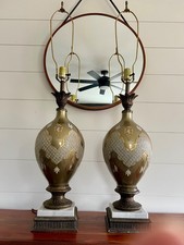 Vintage Wescal Table Lamps Pair MCM / Hollywood Regency Brass Glass Marble Bases picture