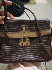 Vintage 1940s Brown Crocodile Alligator Skin Handbag Brass Clasp Purse 10