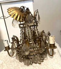 Vintage Italian Gold-Gilt Metal Macaroni Bead Crystal Chandelier Small 3 Light picture
