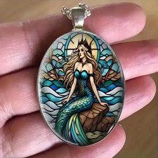 Mermaid Oval Jewelry Vintage Silvery Gothic Fantasy Pendant Necklace B picture