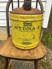 Regal HYDRA-X Vintage 5 U.S. Gallons Oil Can Yellow/Green Gas & Oil picture