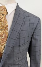 Bespoke Men’s Gray Windowpane Wool Suit Size 48 L Pants 42 X 33 picture