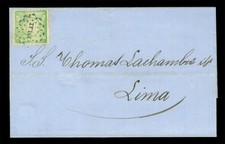 PERU 1868 Coat of Arms 1d green Sc# 14 used VF on folded letter 