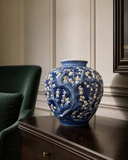 Japanese Ogata Matsuemon Porcelain Cobalt Blue Relief Vase 36cm, with Wooden Box picture