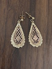 14k gold dangle drop diamond cut filigree teardrop 2 tone earrings picture