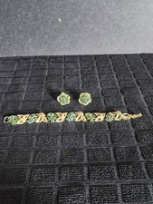 Vintage Signed LISNER Green Rhinestone Leaf Demi Parure Bracelet Earrings Set picture