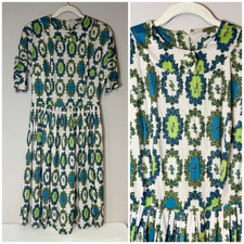 VTG 60s 70s Blue Green Bold Print High Neck Dress 1960s 1970s Womens S/M picture