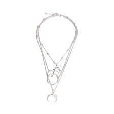 Multilayer Boho Crescent Moon World Map Layered Necklace Silver Tone picture