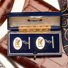Striking Hand Painted Enamel Sterling Silver Antique English Cufflinks Armorial picture