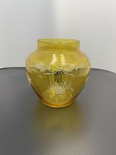 Antique Bohemian Amber Glass Vase Jar Etched Ribbon Bow Flower Basket Cut 6
