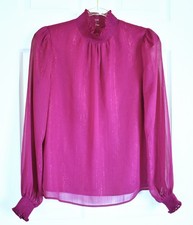 NWT Women's EXPRESS Mock Neck Blouse Fuchsia Pink Long Sleeve Shimmer SMALL picture