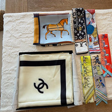 CHANEL Women’s Silk Satin Logo Headscarf Scarf, Multicolor Designer picture