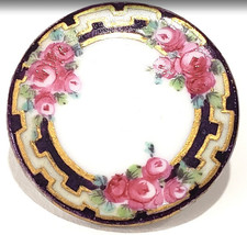 18C Porcelain Antique Button 4-Hole Back with Original Cat Gut Roses Greek Key picture