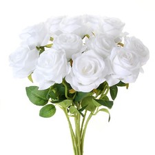 EZFLOWERY 12 Pcs Artificial Roses Flower White Silk with Single Stems Real Touch picture