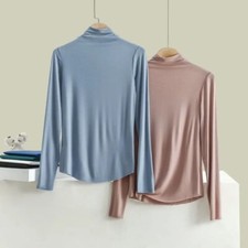 Hot Womens Pure Mulberry Silk Knitted High Neck T Shirt Undershirt Long Sleeve T picture