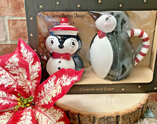 Johana Parker NIB Carnival Cottage  Christmas PENGUIN Sugar Bowl & Creamer picture