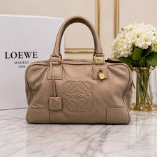 Authentic Loewe Amazona Taupe Beige Embossed Anagram Leather Satchel Bag picture