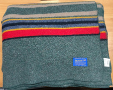 Late Vintage 80s Pendleton Yakima Heather Green Wool Camp Blanket USA 68x86