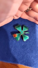 David-Andersen Norway Signed Sterling Silver Green Enamel Clover Brooch Pin picture