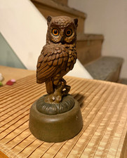 Vintage 1970s Faux Carved Wood Owl Figurine Amber Eyes Resin Woodland Décor picture