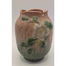 Vintage Roseville White Rose Pink Green Art Pottery Vase Notched Rim 4